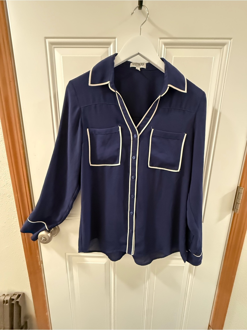 Y2K Express Navy Blouse with White Piping